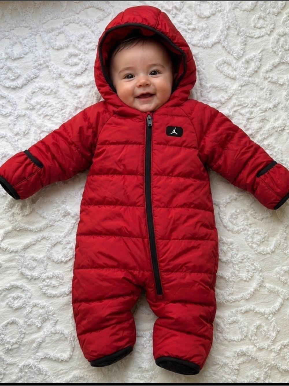 NWT Jordan Infant onesie puffer snowsuit. Cute little coat, red and black, 6 M. - Picture 1 of 9